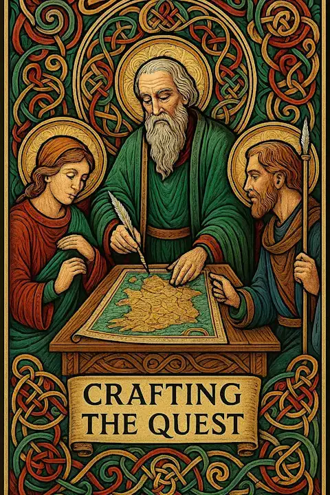 A richly detailed medieval-style illustration titled 'Crafting the Quest,' featuring three figures around a large parchment map of Ireland. At the center, an elder in green with a golden halo uses a quill to mark the map, flanked by a young woman in red and green and a man with a staff in blue robes. The scene is framed with vibrant Celtic knotwork in red, gold, green, and teal, creating a reverent, scholarly atmosphere.