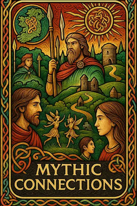 A vivid Celtic-style illustration titled 'Mythic Connections,' featuring a tapestry of mythological and ancestral imagery. In the center, a heroic figure resembling C  Chulainn holds a spear under a radiant sun inscribed with knotwork. Dancing faeries, ancient ruins, and a winding path through green hills appear beneath, with a map of Ireland and symbols of kinship surrounding the scene. Male and female figures gaze meaningfully into the landscape, framed by bold red, green, and gold knotwork.